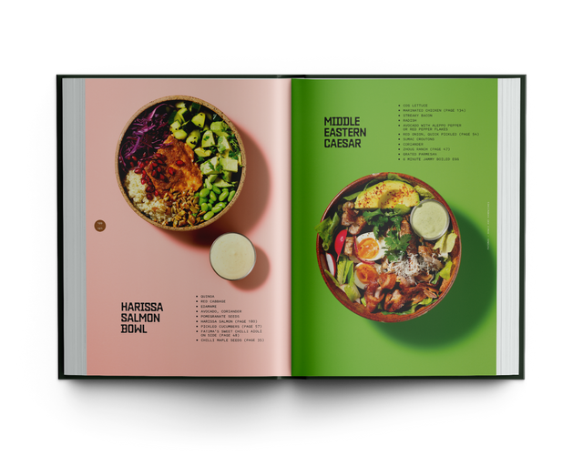 Open cookbook showing two pages with salad bowls and ingredients