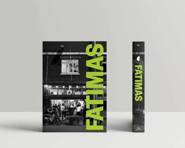 Book titled 'Fatimas' with a black and white interior on a gray background