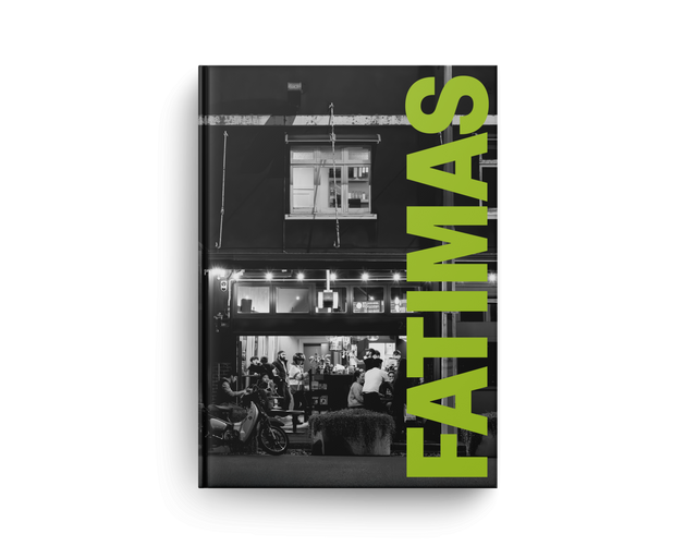 Book cover with black and white photos and green text on a white background